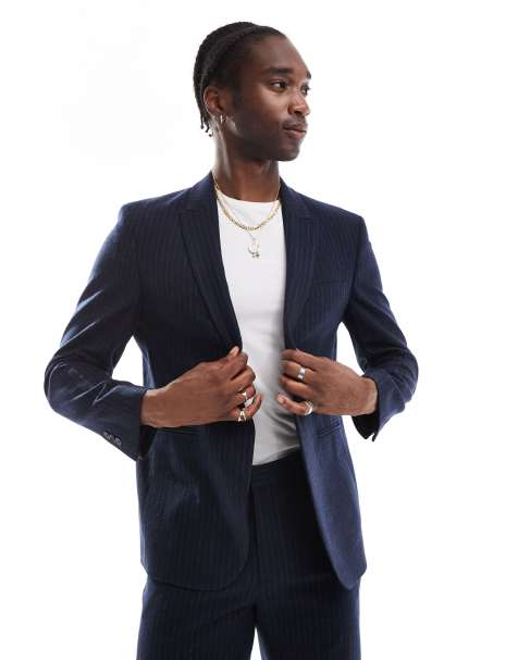 ASOS DESIGN – Marinblå, kritstrecksrandig kavaj i regular fit - view 1