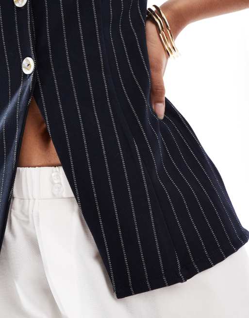 ASOS DESIGN – Marinblå, kritstrecksrandig kostymväst i jersey, del av set, 3 av 4