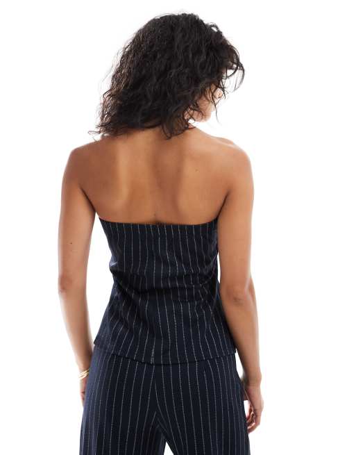 ASOS DESIGN – Marinblå, kritstrecksrandig och lång bandeau-topp i jersey, del av set, 4 av 4