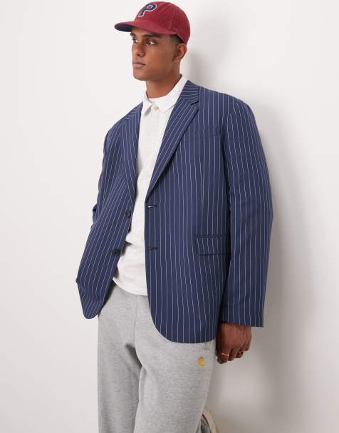 ASOS DESIGN – Marinblå, kritstrecksrandig, slouchy kavaj i oversize-modell - view 1