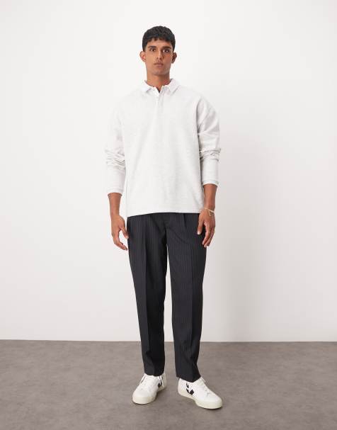 ASOS DESIGN – Marinblå, kritstrecksrandiga, avsmalnande finbyxor i oversize - view 1