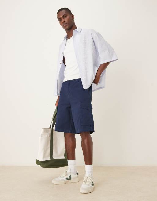 ASOS DESIGN – Marinblå, långa jeansshorts i cargostil