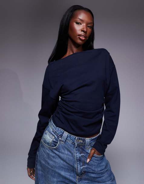 ASOS DESIGN – Marinblå, långärmad t-shirt med rysch i sidan - view 1