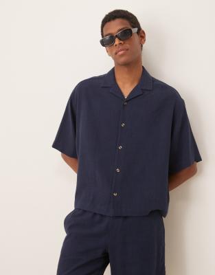 ASOS DESIGN – Marinblå linneskjorta i oversize med boxig passform av linnemix, del av set - view 1