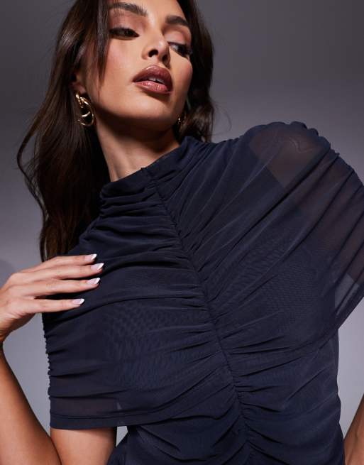 ASOS DESIGN – Marinblå maxiklänning i mesh med dubbla lager, skir panel och hög ringning, 2 av 4