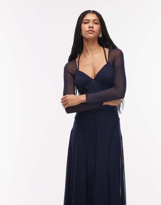 ASOS DESIGN – Marinblå maxiklänning med långa ärmar och dekorativ söm i mesh, 3 av 4