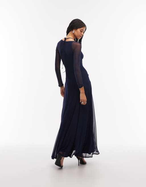 ASOS DESIGN – Marinblå maxiklänning med långa ärmar och dekorativ söm i mesh, 4 av 4