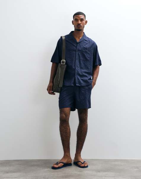 ASOS DESIGN – Marinblå, medellånga shorts i bäckebölja, del av set - view 1