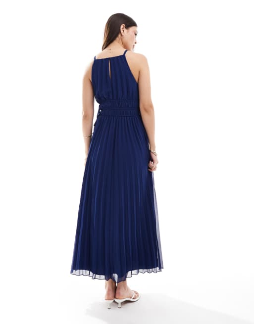 ASOS DESIGN – Marinblå midiklänning med hög ringning och dragsko med knytning i midjan, 3 av 4