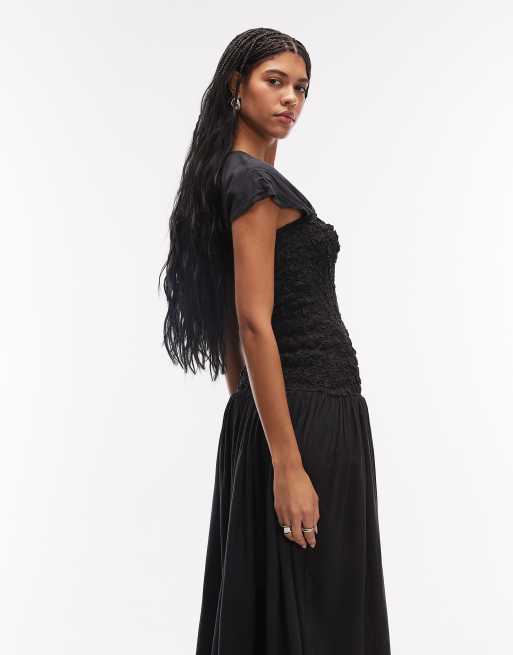 ASOS DESIGN – Marinblå midiklänning med rund halsringning och rynkat, smockat liv, 2 av 4