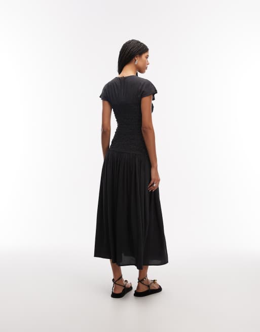 ASOS DESIGN – Marinblå midiklänning med rund halsringning och rynkat, smockat liv, 4 av 4