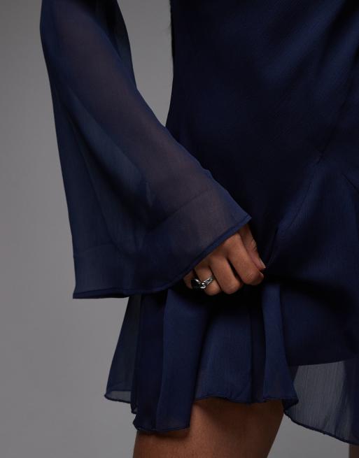 ASOS DESIGN – Marinblå miniklänning med långa ärmar och volangkjol, 3 av 4