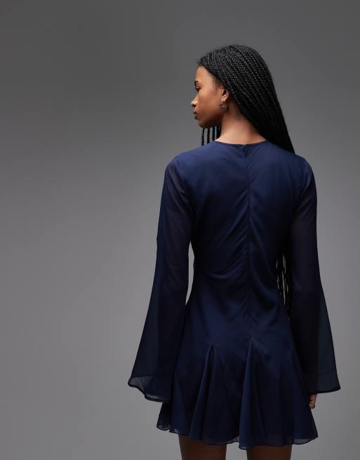 ASOS DESIGN – Marinblå miniklänning med långa ärmar och volangkjol, 4 av 4
