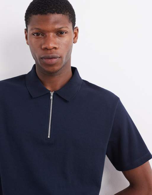 ASOS DESIGN – Marinblå, mjuk pikétröja i kraftigt material med dragkedja, 5 av 5