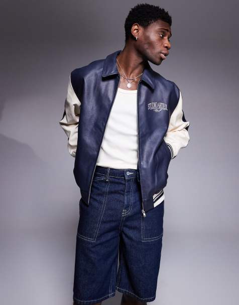 ASOS DESIGN – Marinblå motocross-jacka i läderimitation och oversize med kontrastärmar - view 1