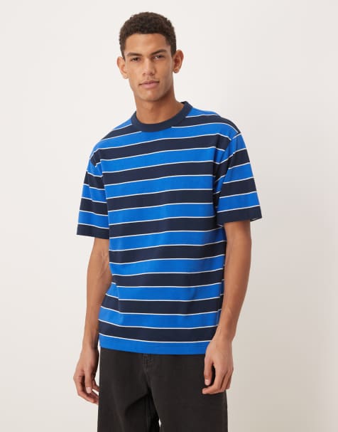ASOS DESIGN – Marinblå- och blårandig, kraftig t-shirt med avslappnad passform - view 1