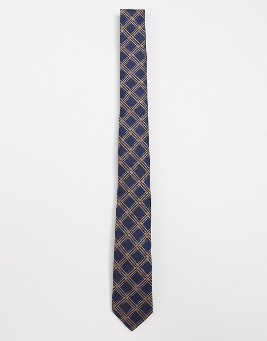 ASOS DESIGN – Marinblå och brun smal slips med rutmönster