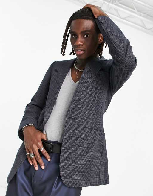 ASOS DESIGN – Marinblå och grå, smårutig kavaj i lång modell och skinny passform