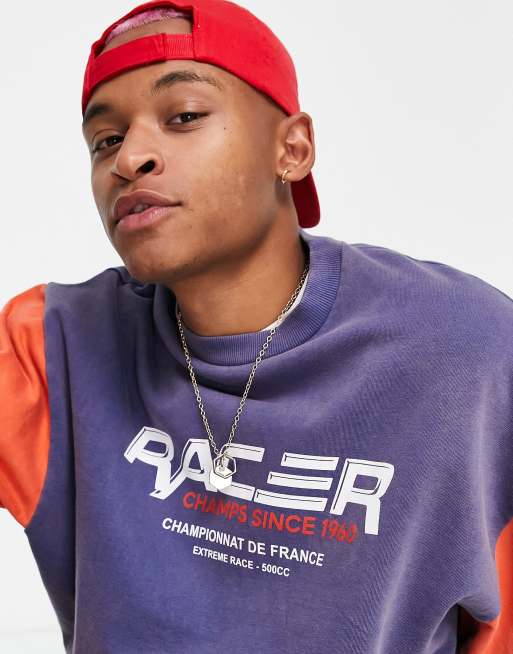 ASOS DESIGN – Marinblå och röd, blockfärgad sweatshirt i oversize med tryck framtill, del av set, 3 av 4