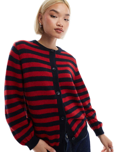 ASOS DESIGN – Marinblå- och rödrandig, stickad, fluffig kofta - view 1