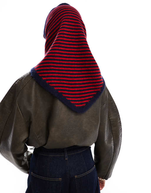 ASOS DESIGN – Marinblå och rödrandig, stickad hårsjal med fyrkantig ringning, 2 av 3
