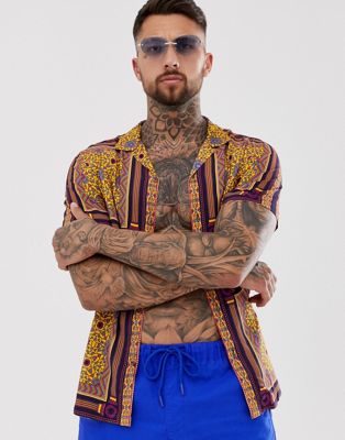 ASOS DESIGN – Marinblå och senapsgul skjorta i regular fit med paisleymönster