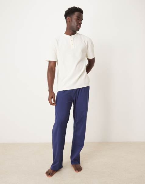 ASOS DESIGN – Marinblå och vit, våffelstrukturerad pyjamas i henley-modell - view 1