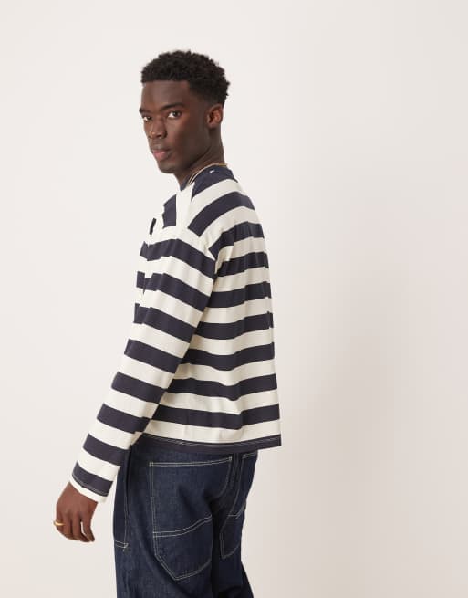 ASOS DESIGN – Marinblå och vitrandig t-shirt i boxig oversize passform med långa ärmar, 2 av 4