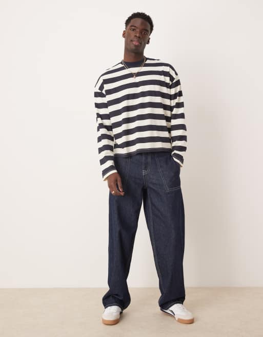ASOS DESIGN – Marinblå och vitrandig t-shirt i boxig oversize passform med långa ärmar, 4 av 4