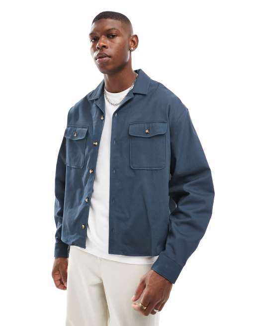 ASOS DESIGN – Marinblå overshirt med platt krage och boxig passform i bomull
