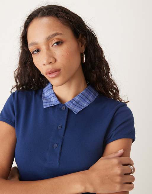 ASOS DESIGN – Marinblå pikétröja i kort design med kontrastkrage, 3 av 4
