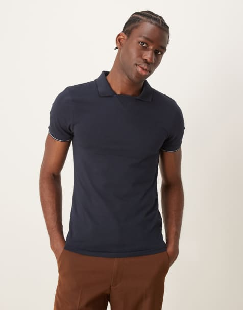 ASOS DESIGN – Marinblå pikétröja i muscle fit med platt krage - view 1