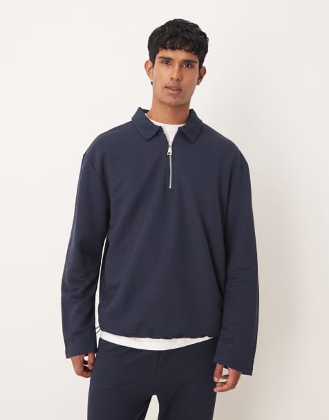 ASOS DESIGN – Marinblå pikétröja i oversize med kort dragkedja, del av set - view 1