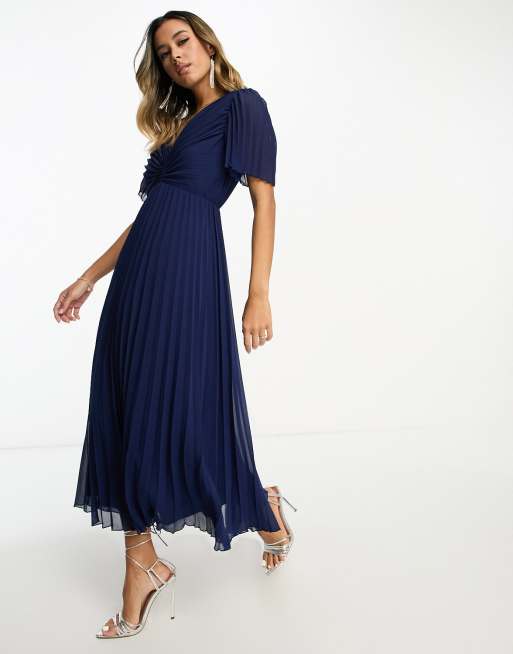 ASOS DESIGN – Marinblå, plisserad midiklänning med plisserat liv och utsvängda ärmar, 4 av 4