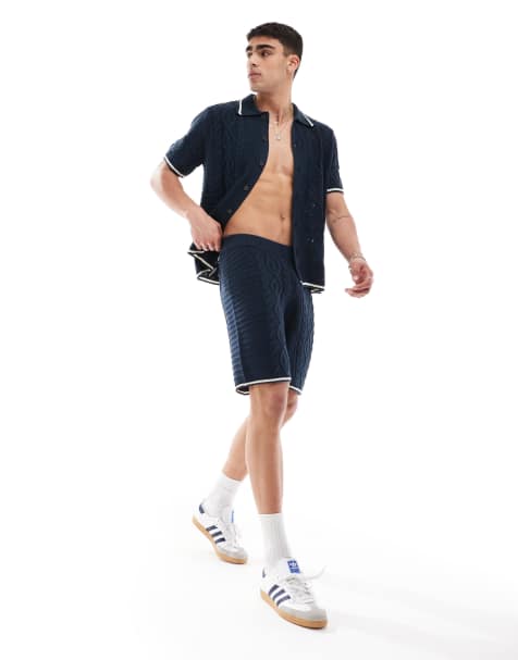 ASOS DESIGN – Marinblå, pointelle- och kabelstickade shorts med kantband, del av set - view 1