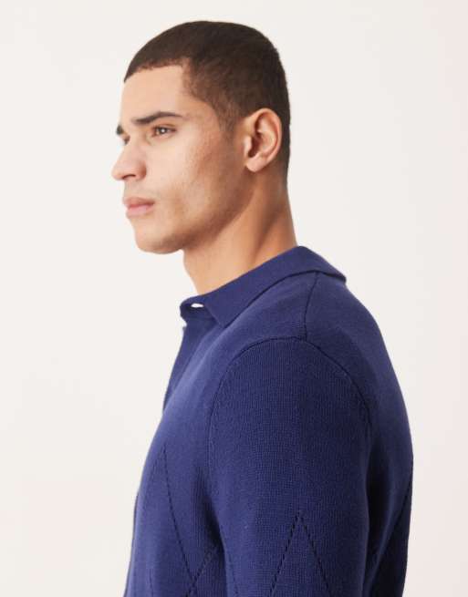 ASOS DESIGN – Marinblå, pointellestickad, avslappnad pikétröja med knäppning hela vägen, 4 av 5