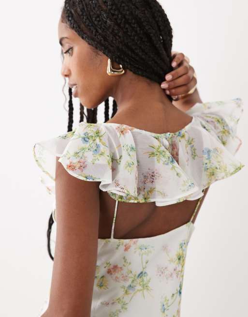 ASOS DESIGN – Marinblå, prickig midiklänning med volangärmar och hjärtformad halsringning, 3 av 4