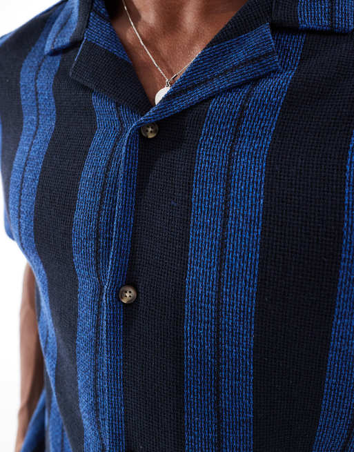 ASOS DESIGN – Marinblå, randig, avslappnad skjorta med platt krage i korgväv, 4 av 4