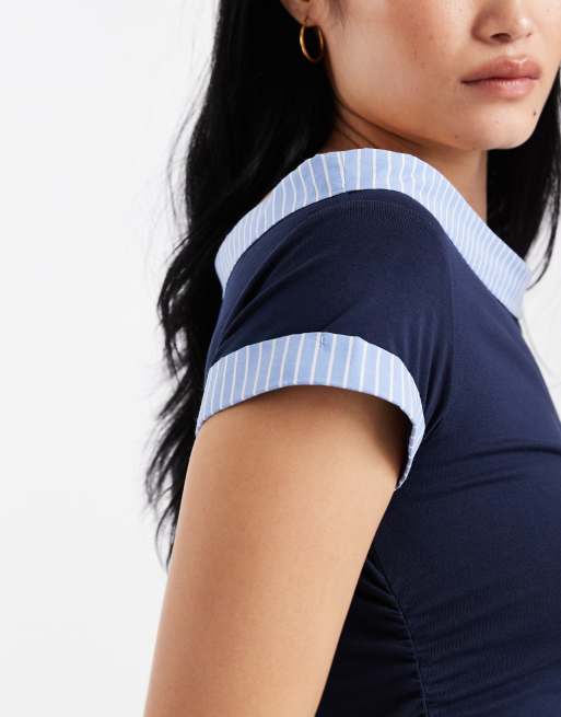 ASOS DESIGN – Marinblå, randig topp i hybridstil med poplinfåll och sänkt axelsöm, 3 av 4