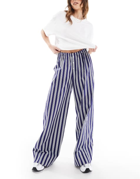 ASOS DESIGN – Marinblå, randiga byxor i poplin med vida ben - view 1