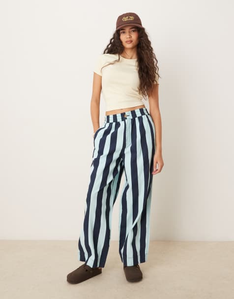 ASOS DESIGN – Marinblå, randiga byxor med resårmidja och barrelben - view 1