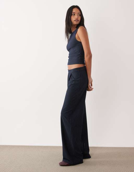 ASOS DESIGN – Marinblå, randiga, plisserade byxor med vida ben, del av set, 2 av 5
