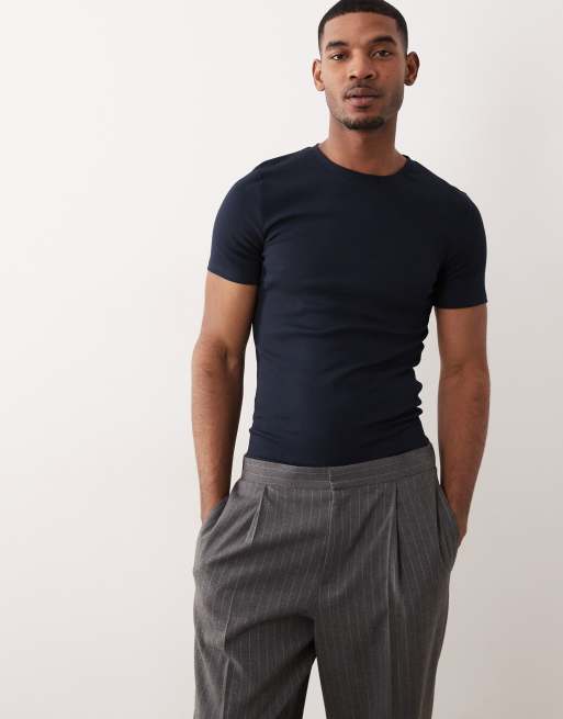 ASOS DESIGN – Marinblå, ribbad, enkel t-shirt i muscle fit, 3 av 5