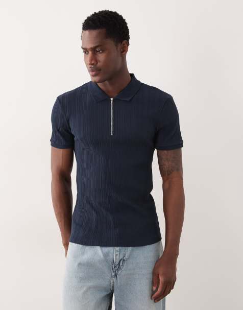 ASOS DESIGN – Marinblå, ribbad pikétröja i muscle fit med dragkedja - view 1