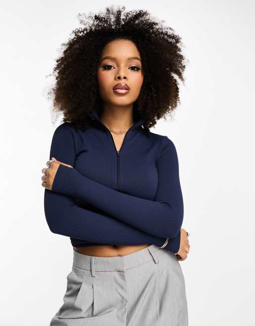 ASOS DESIGN – Marinblå, ribbad, seamless topp med dragkedja och lång ärm, del av set, 3 av 4