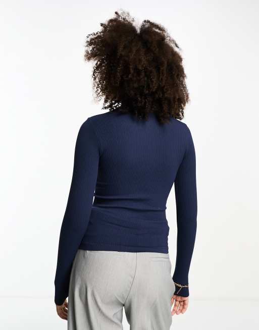ASOS DESIGN – Marinblå, ribbad, seamless topp med dragkedja och lång ärm, del av set, 4 av 4