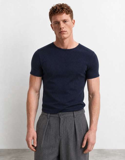 ASOS DESIGN – Marinblå, ribbad, superkraftig t-shirt i muscle fit, 7 av 7