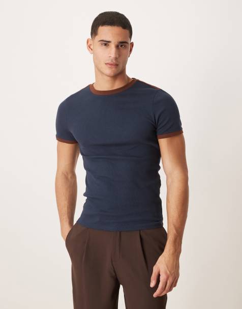 ASOS DESIGN – Marinblå, ribbad t-shirt i muscle fit med kontrastfärgade paneler - view 1