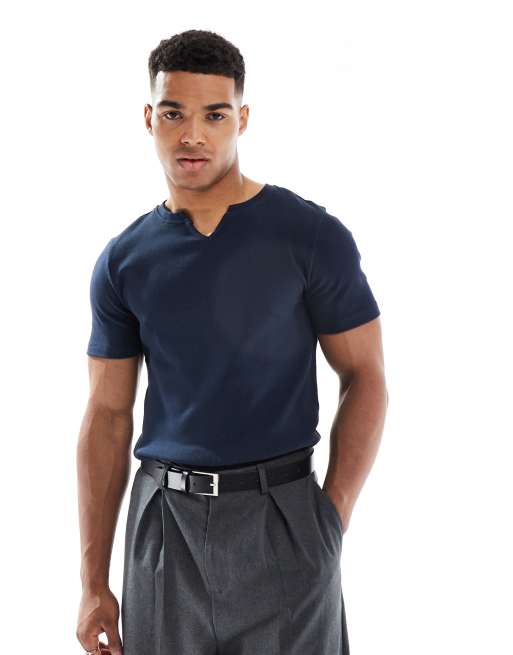 ASOS DESIGN – Marinblå, ribbad t-shirt i muscle fit med notchkrage