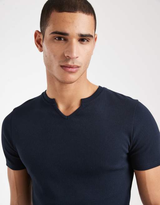 ASOS DESIGN – Marinblå, ribbad t-shirt i muscle fit med sprund  , 5 av 5